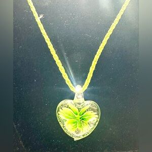 Murano Style Art Blown Glass Lime Heart Butterfly Pendant w/Claw Clasp Necklace